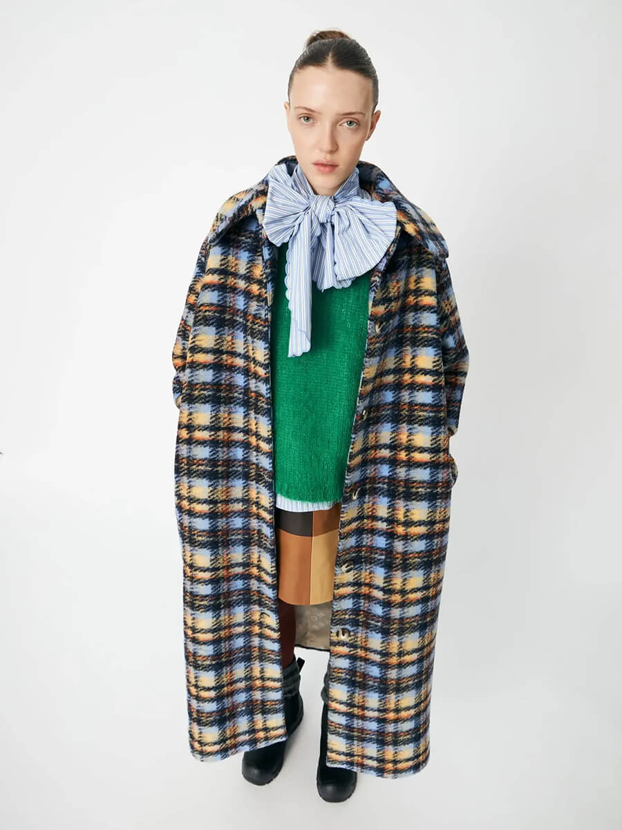 Long Wool Checked Coat - Multi Checks