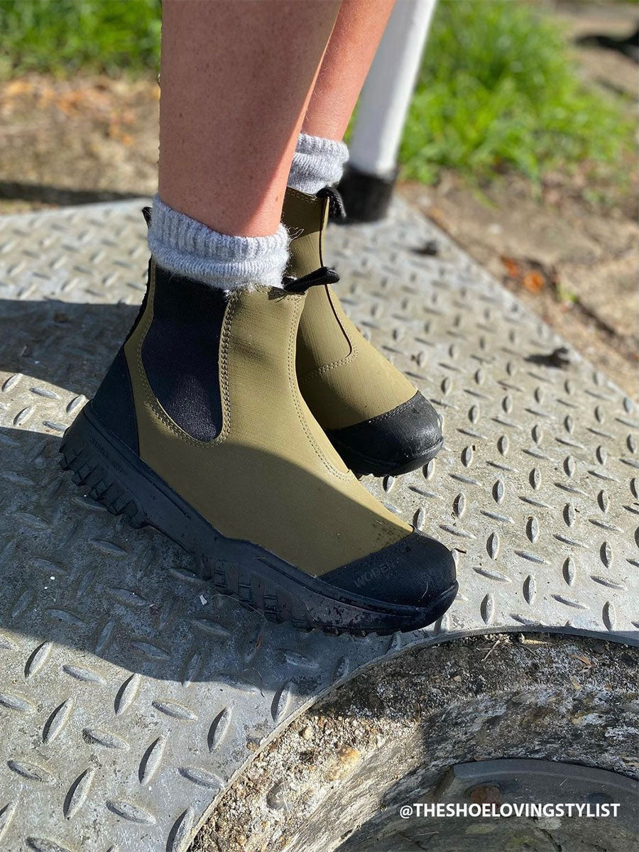 Woden Magda Rubber Track Boot - Dark Olive/Black