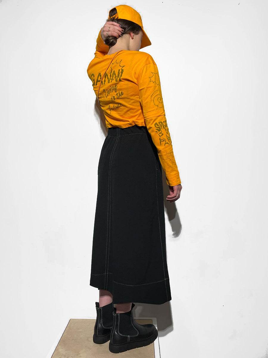 Heavy Crepe Wavy Hem Maxi Skirt - Black