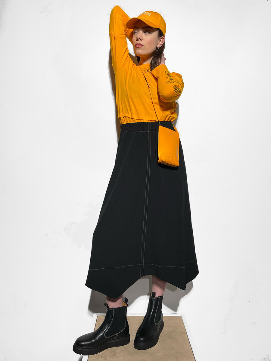 Heavy Crepe Wavy Hem Maxi Skirt - Black