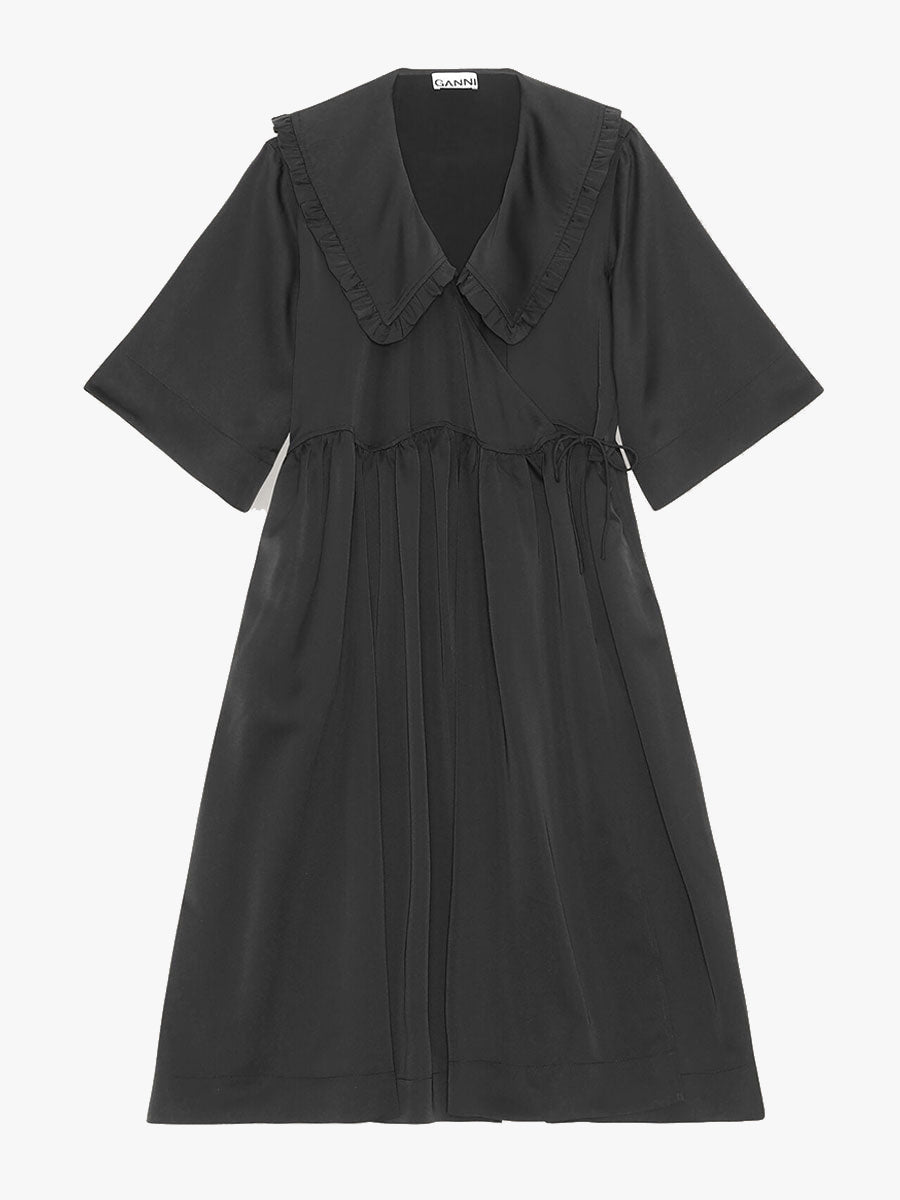Ganni - Smocked Satin Ruffle Collar Wrap Dress - Black