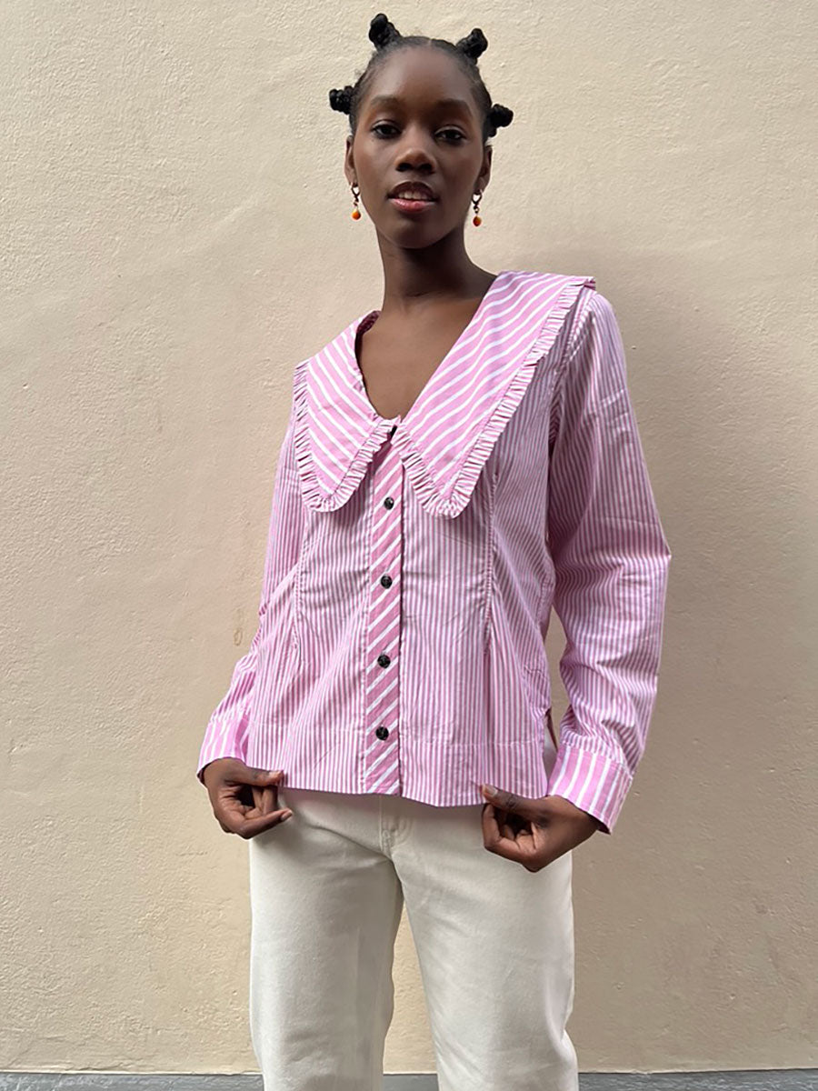 GANNI-Stripe Cotton V-Neck Frill Collar Wide Shirt - Moonlight Mauve