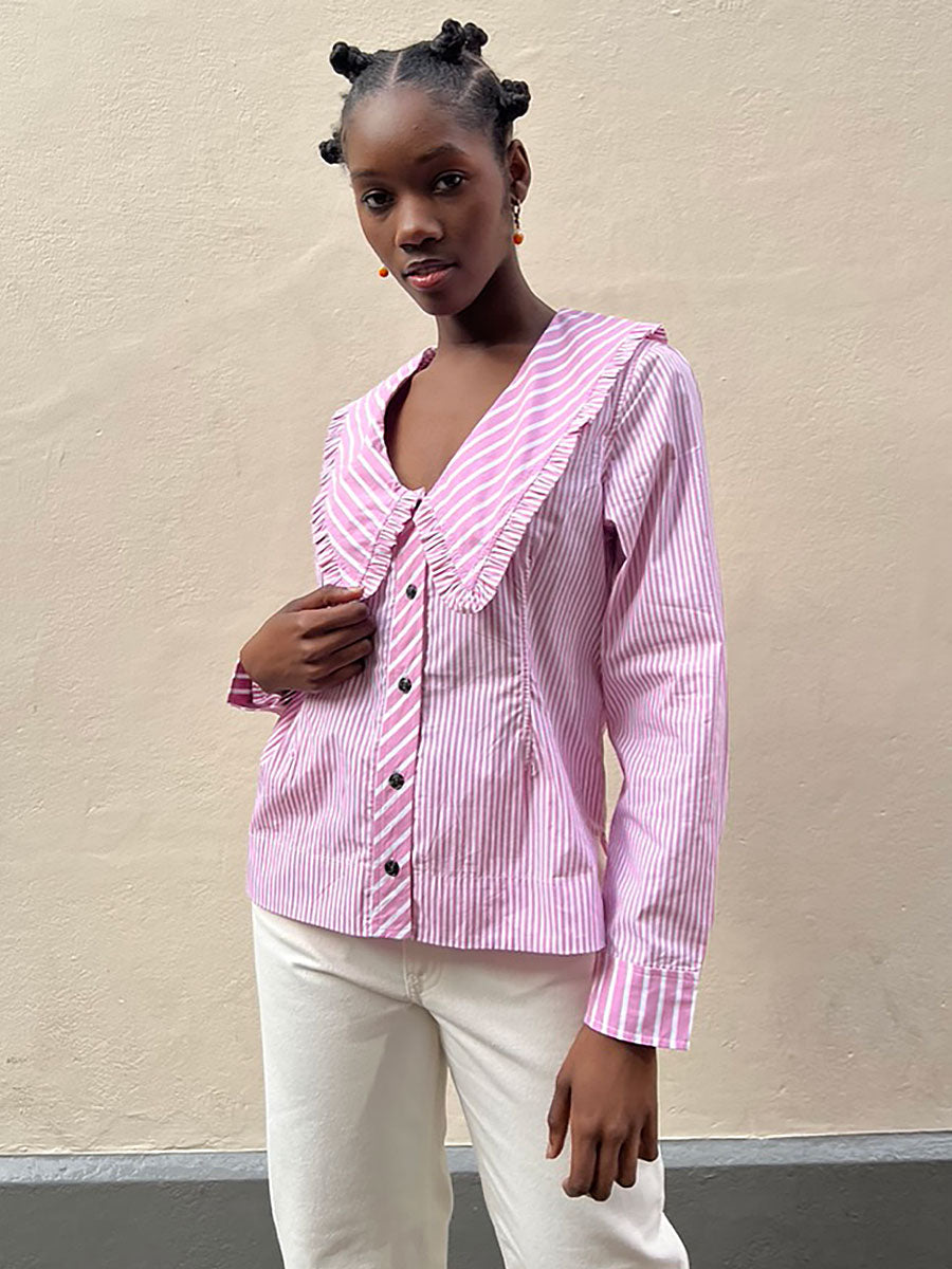 GANNI-Stripe Cotton V-Neck Frill Collar Wide Shirt - Moonlight Mauve