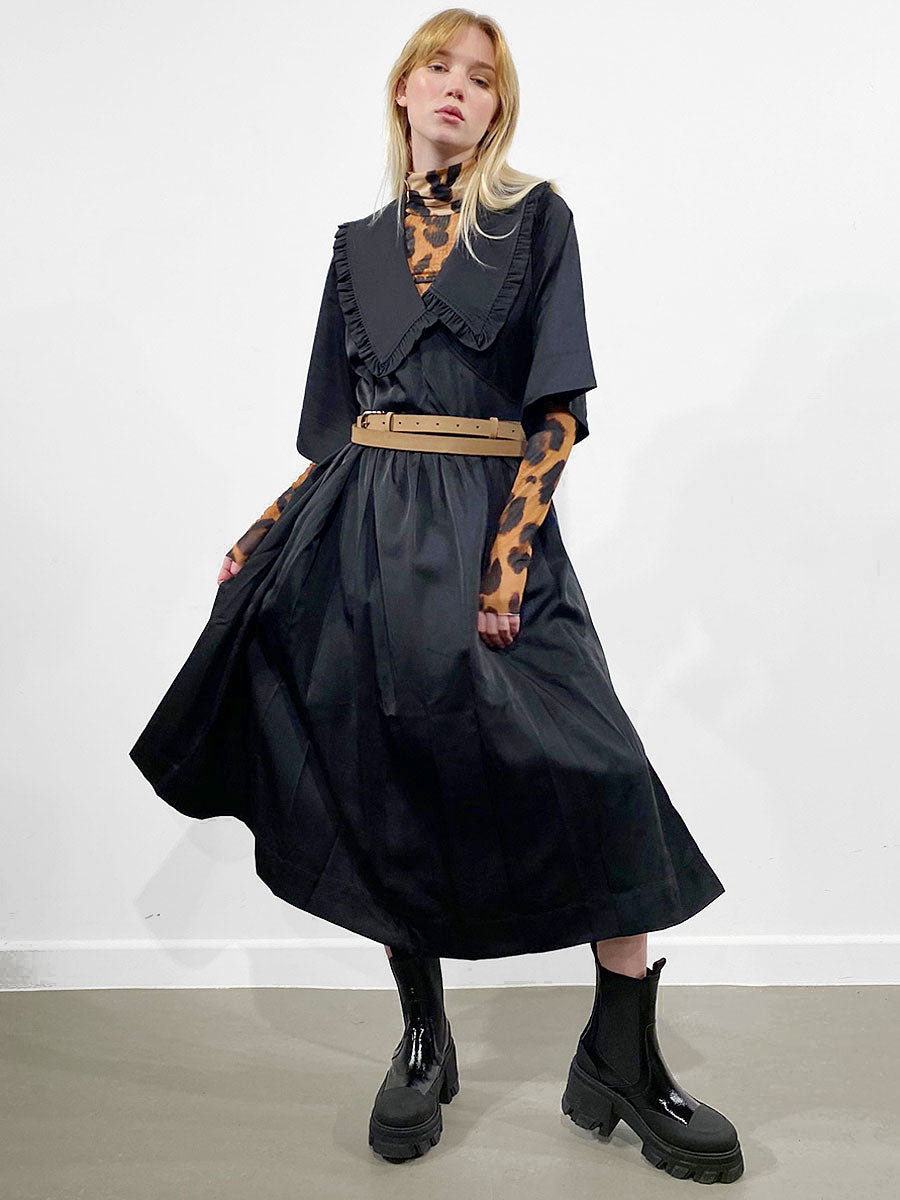 Ganni - Smocked Satin Ruffle Collar Wrap Dress - Black