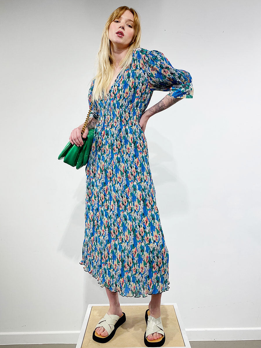 Ganni - V-Neck Midi Dress - Floral Azure Blue