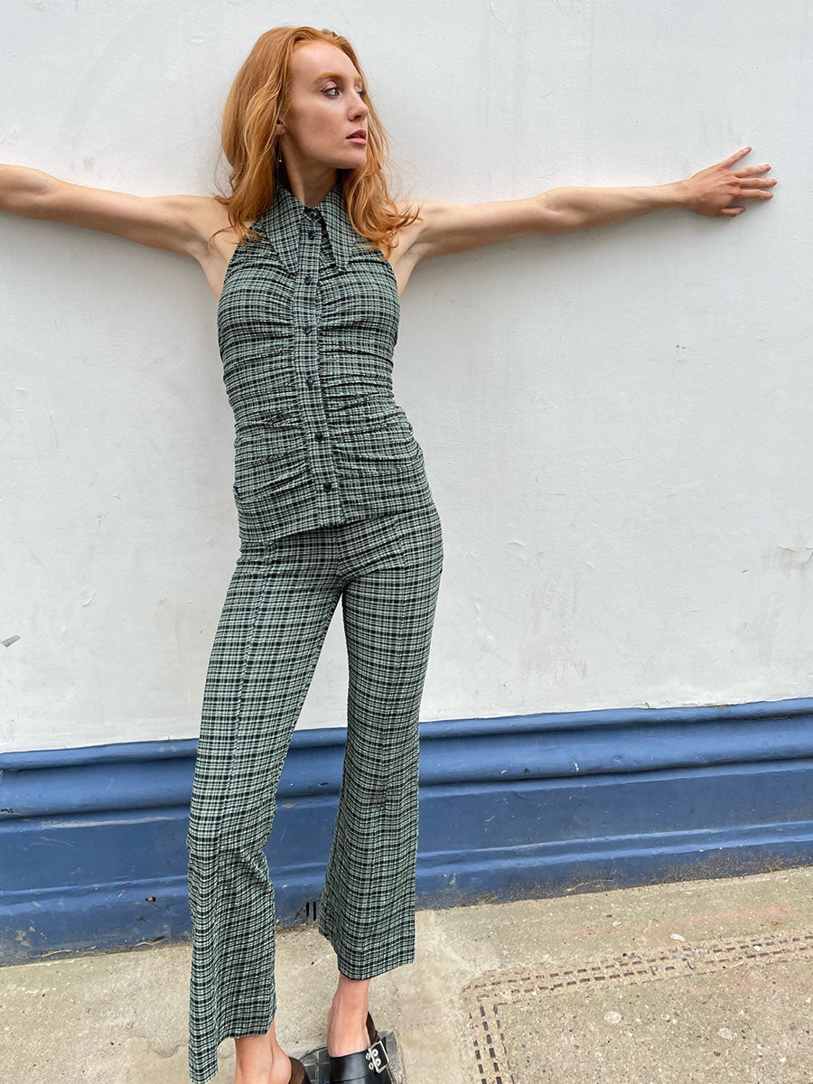 Stretch Seersucker Button-Up Halterneck Top