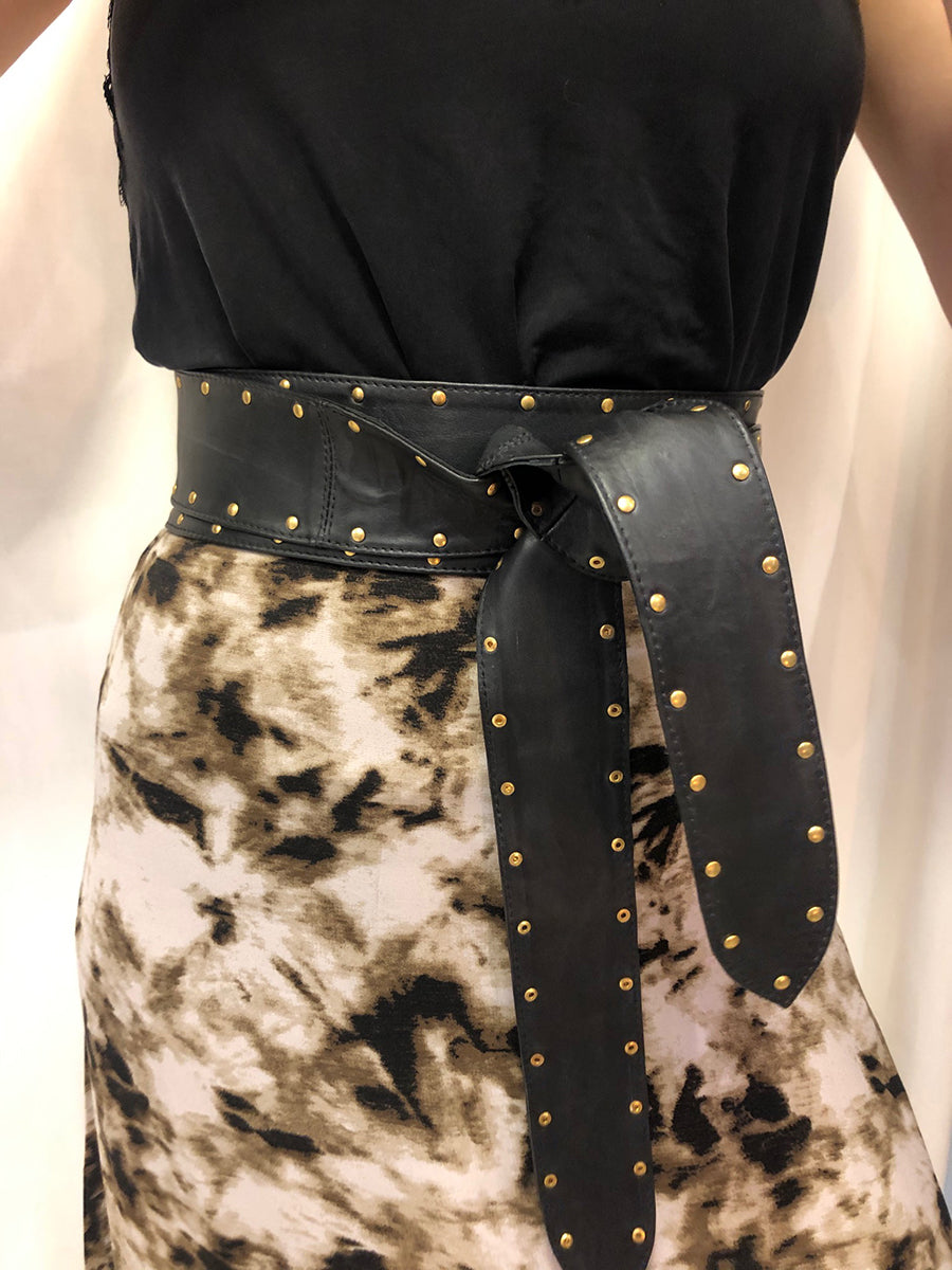 Black Colour - Tia Studded Leather Tie Belt - Black