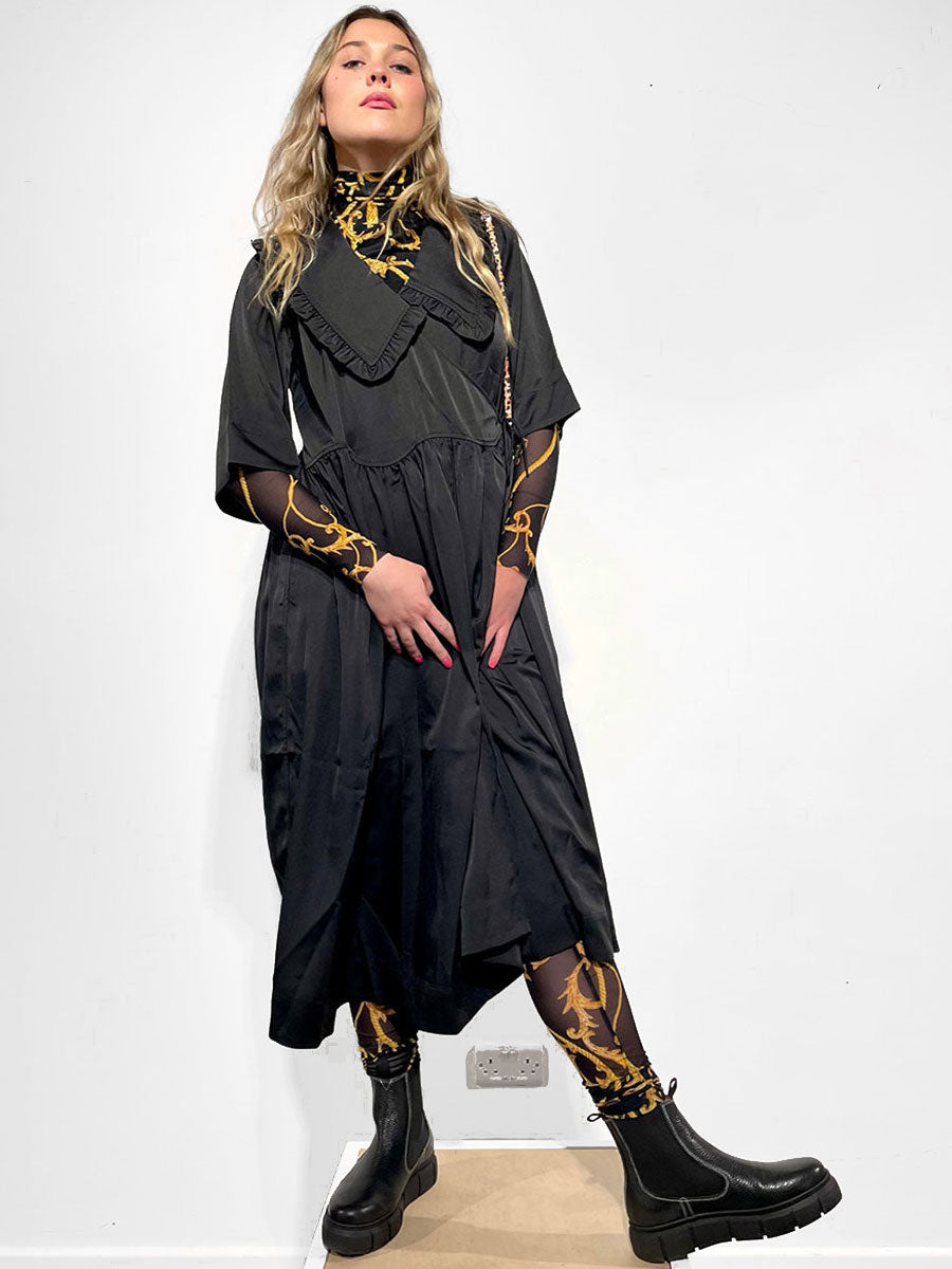 Ganni - Smocked Satin Ruffle Collar Wrap Dress - Black