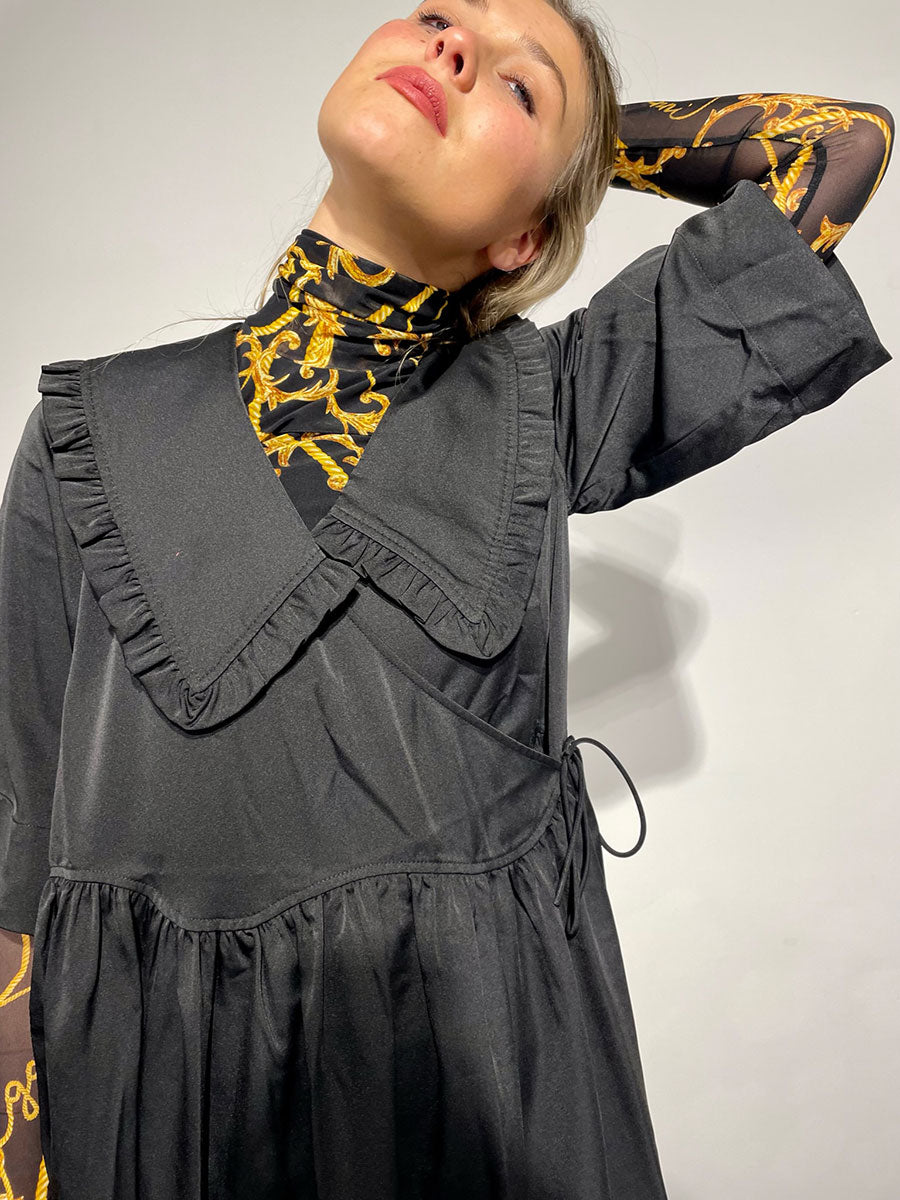 Ganni - Smocked Satin Ruffle Collar Wrap Dress - Black