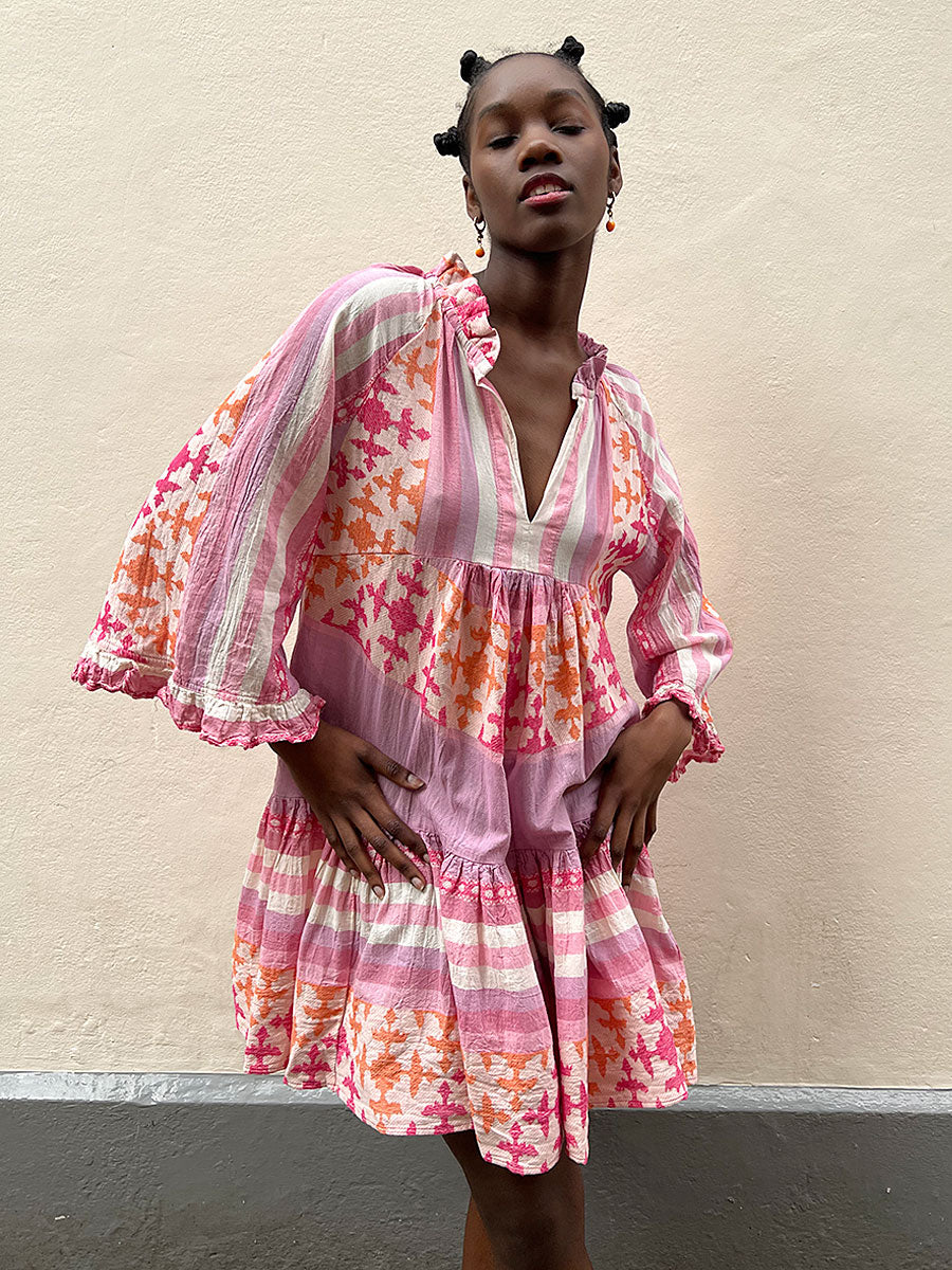 Pearl and Caviar-Zakar Pattern Short Dress - Pink/Coral