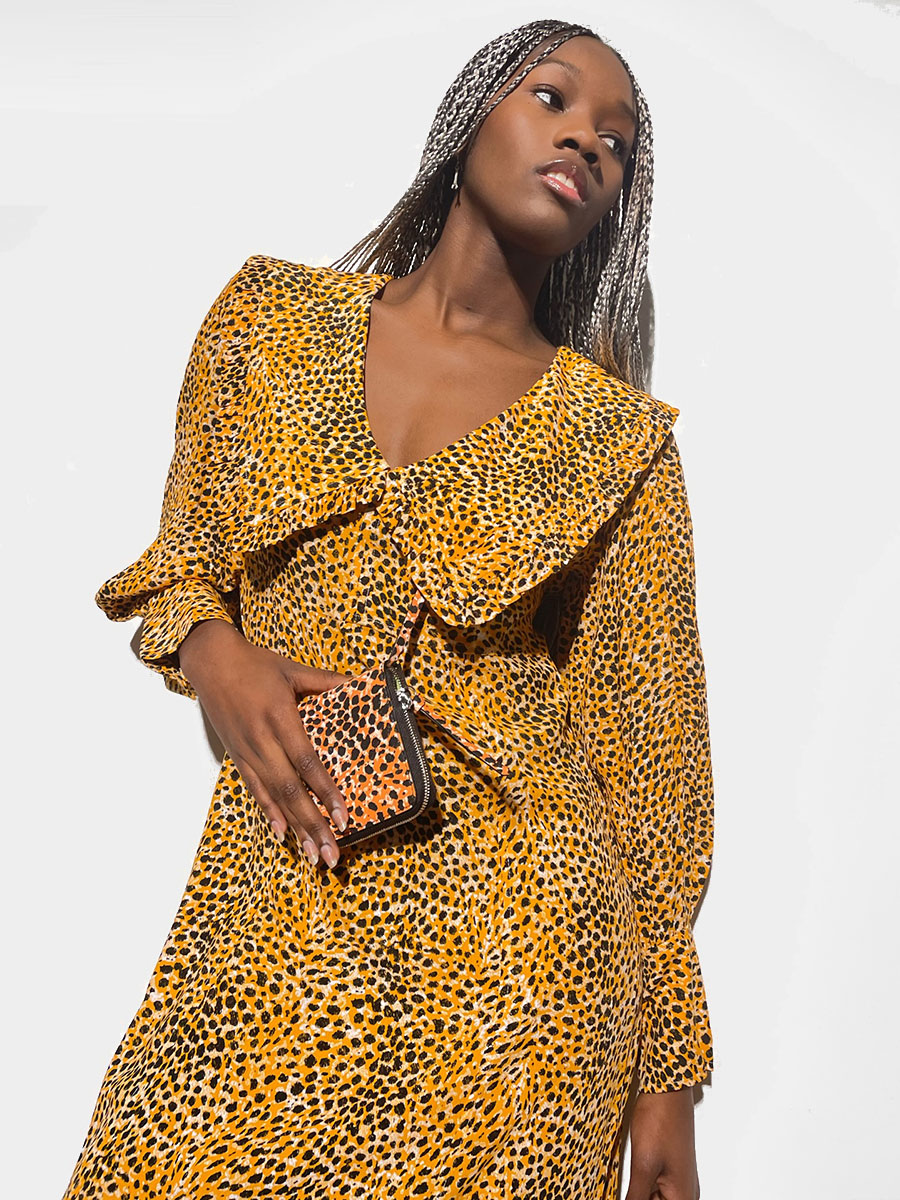 Ganni- Printed Crepe V-neck Ruffle Collar Dress - Bright Marigold